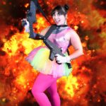 Woman in neon pink outfit holding two semiautomatic weapons in front of a large explosion